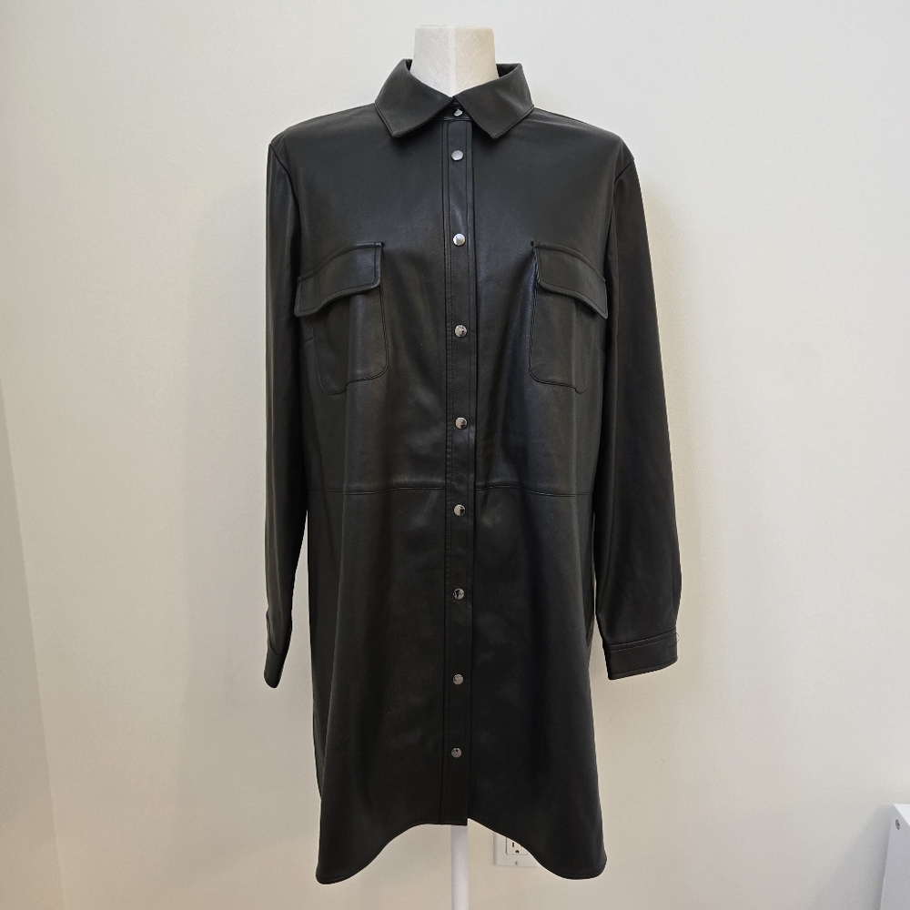 Anne Klein Faux‎ Leather Shirt Dress Black Snap Front Size Xl